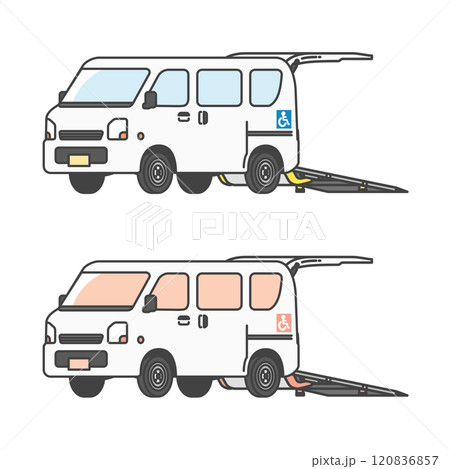 車椅子用リフト付きの介護タクシー・バンのイラスト(フルカラー・単色モノカラーのセット) 車椅子用リフト付きの介護タクシー・バンのイラスト(フルカラー・単色モノカラーのセット) 120836857