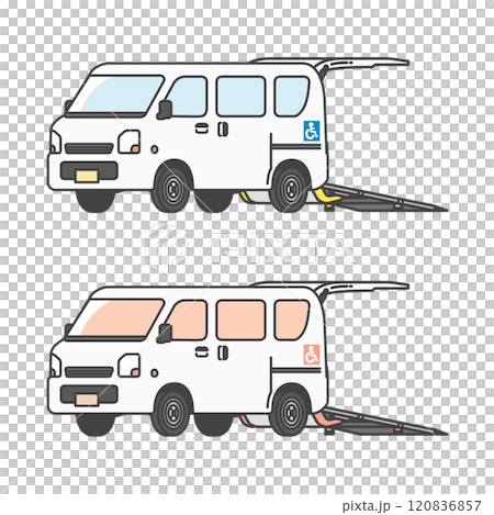 帶輪椅升降機的護理計程車/貨車插圖(全彩和單色套裝) 帶輪椅升降機的護理計程車/貨車插圖(全彩和單色套裝) 120836857