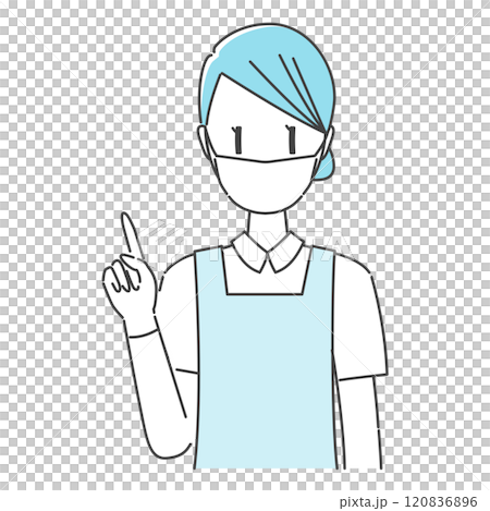 戴口罩和手套的牙科保健員/牙科助理,指著冷單色,給予仔細的解釋 戴口罩和手套的牙科保健員/牙科助理,指著冷單色,給予仔細的解釋 120836896