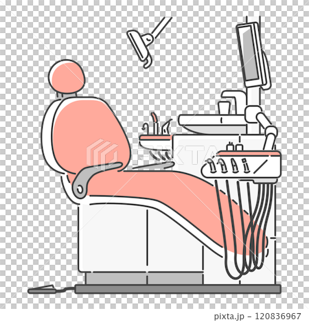 Warm, pink, modern design dentist examination table and chair, dental treatment unit, full set of equipment Warm, pink, modern design dentist examination table and chair, dental treatment unit, full set of equipment 120836967
