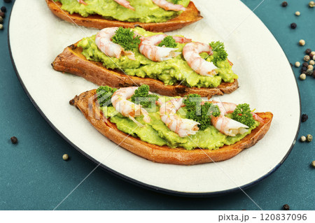 Sweet potato or yam with avocado and shrimp. Sweet potato or yam with avocado and shrimp. 120837096