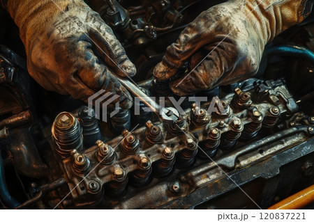 A mechanic is working on a car engine, using a wrench to remove the spark plugs 120837221