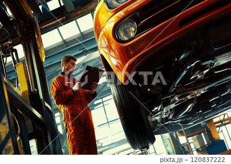 A man in an orange jumpsuit is writing on a clipboard while looking at a car 120837222