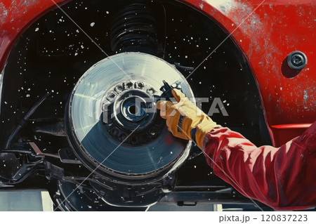 A man is painting a car's wheel 120837223