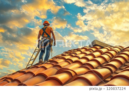 A man in an orange shirt and a hard hat is on a roof 120837224