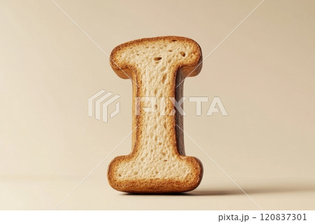 A close up of a piece of toast with the letter I cut out 120837301