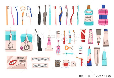 Big set of oral hygiene products. Different toothbrushes, tubes of toothpaste,dental floss, mouth rinse, children's oral cleansers. Big set of oral hygiene products. Different toothbrushes, tubes of toothpaste,dental floss, mouth rinse, children's oral cleansers. 120837450