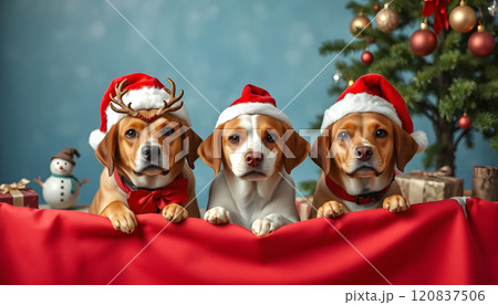Three beagle dogs wearing christmas hats and holding red cloth 120837506