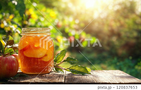 Apple jam in glass jar, fruit orchard background with copy space 120837653