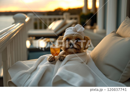 Dog wearing a towel wrap and holding cocktail Dog wearing a towel wrap and holding cocktail 120837741