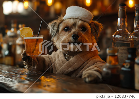 Dog wearing a towel wrap and holding cocktail 120837746