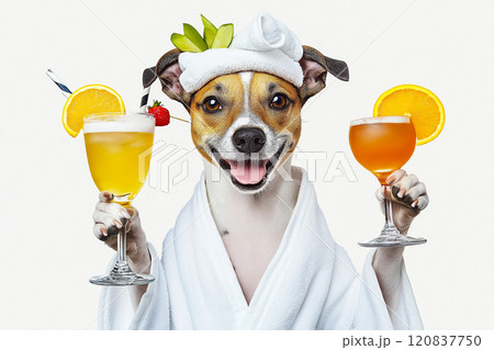 Dog wearing a towel wrap and holding two tropical cocktails 120837750