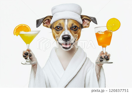 Dog wearing a towel wrap and holding two tropical cocktails 120837751