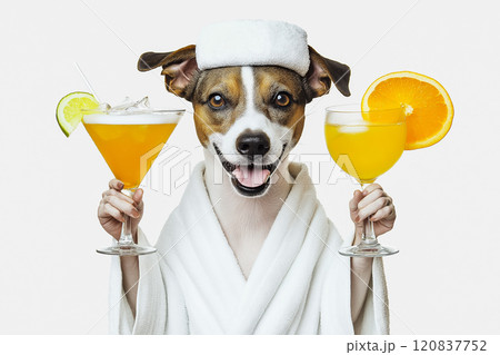 Dog wearing a towel wrap and holding two tropical cocktails 120837752