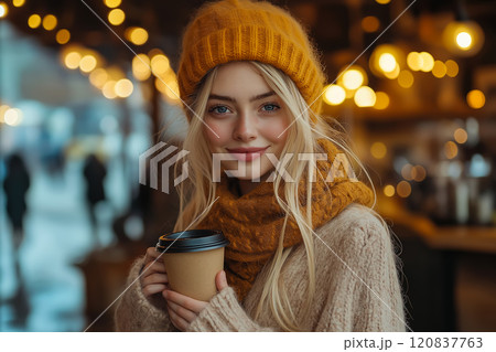 Cheerful young woman holding a coffee cup outdoors 120837763