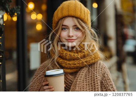 Cheerful young woman holding a coffee cup outdoors 120837765