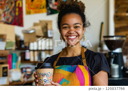 Barista in a coffee shop holding a to-go coffee cup. 120837766