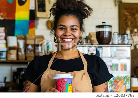 Barista in a coffee shop holding a to-go coffee cup. 120837768