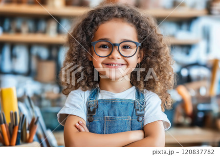 The image shows a young child with curly hair and glasses The image shows a young child with curly hair and glasses 120837782