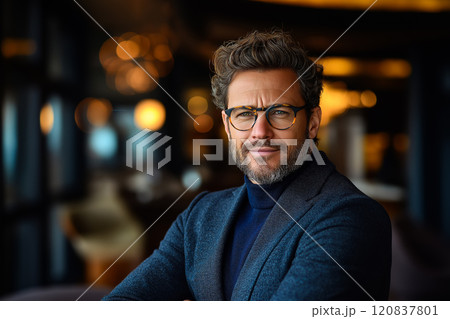 Well-dressed man set against a softly lit indoor background with bokeh lights Well-dressed man set against a softly lit indoor background with bokeh lights 120837801