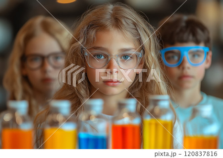 Group of children wearing safety glasses, focused on colorful test bottles in a laboratory setting Group of children wearing safety glasses, focused on colorful test bottles in a laboratory setting 120837816