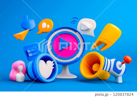 Social media icons, including a play button, megaphone, speech bubbles, and engagement tools 120837824