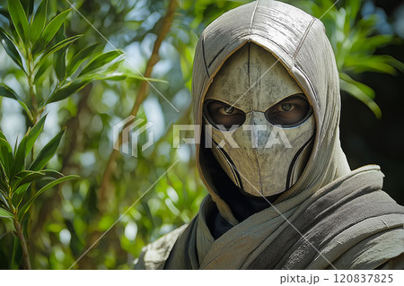 Mysterious warrior in a hood and detailed mask blends into a lush forest setting 120837825