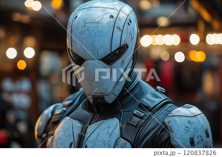 Futuristic soldier wearing a high-tech, metallic armor suit with a sleek, cybernetic helmet. 120837826