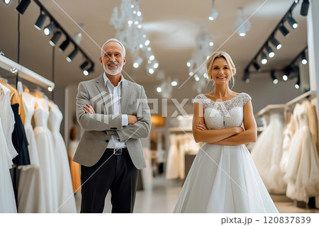 Man and a blonde woman searching for wedding dresses at fashion store 120837839