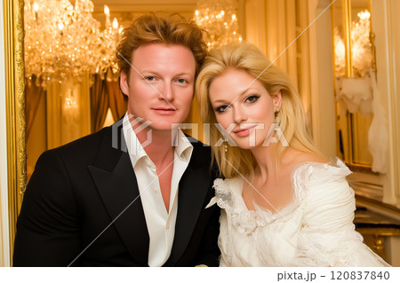 Man and a blonde woman searching for wedding dresses at fashion store 120837840