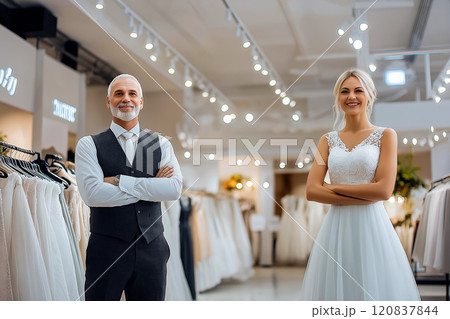 Man and a blonde woman searching for wedding dresses at fashion store 120837844