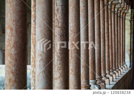 Close-up view of ornate stone columns in historic architectural setting 120838238