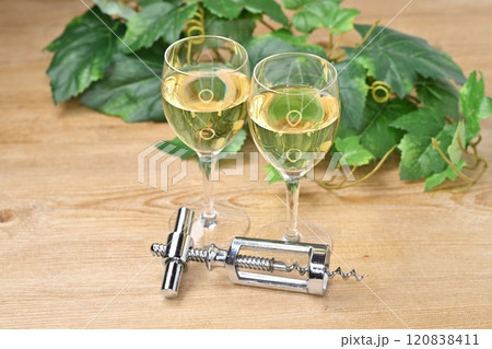 注）背景の植物はぶどうの葉の造花です。白ワイン. 120838411