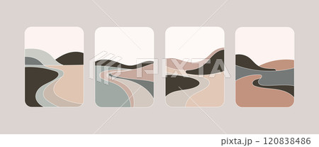 Vector illustration. A composition of dark shades of brown with accents of blue, forming an abstract image of the bend of the river at sunset. Vector illustration. A composition of dark shades of brown with accents of blue, forming an abstract image of the bend of the river at sunset. 120838486