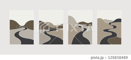Vector illustration. A black and white landscape in a modern style, conveying the curves of the river and the surrounding hills in strict neutral colors. 120838489