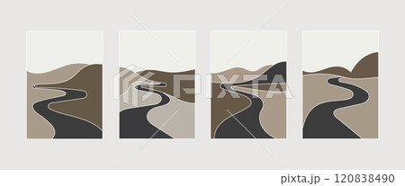 Vector illustration. a landscape in muted brown and beige tones with abstract bends of the river emphasizing calmness and naturalness. 120838490