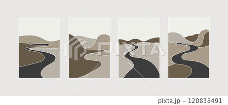 Vector illustration. A four-part composition in muted beige-brown tones with smooth curves that create an atmosphere of peace and harmony. 120838491