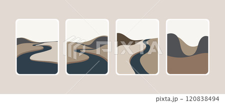 Vector illustration. A black and white landscape in a modern style, conveying the curves of the river and the surrounding hills in strict neutral colors. 120838494