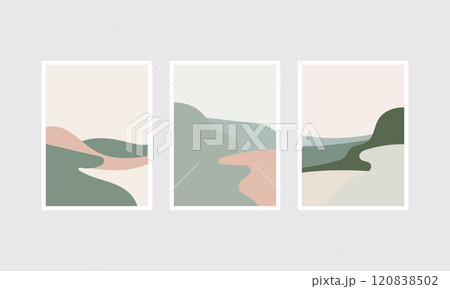 Vector illustration. A triptych with rich greens and blues that flow smoothly into curves, creating the impression of a river running through the mountains. 120838502