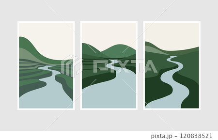 Vector illustration. Pastel curves of green fields and hills with the smooth blue line of the river creating a sense of lightness and peace. 120838521