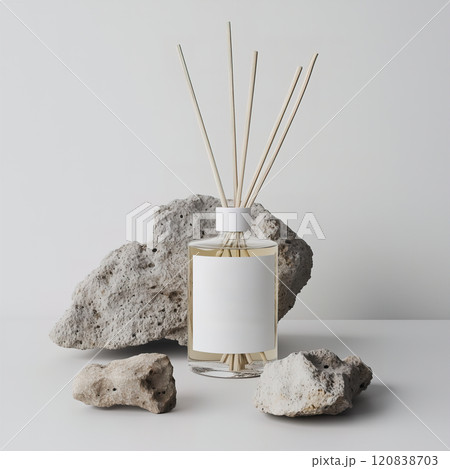 A decorative bottle of reed diffuser is positioned on a table near some rocks. Diffuser white blank label mockup 120838703