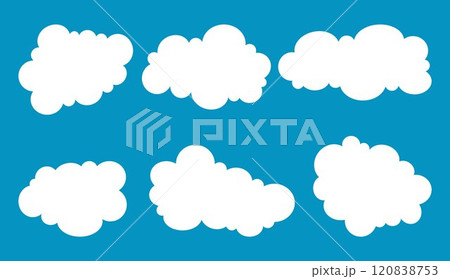 Set of speech or thought bubbles with different shapes, text chat cloud for comments, posts, comics. Fluffy clouds on blue sky background for children designs Set of speech or thought bubbles with different shapes, text chat cloud for comments, posts, comics. Fluffy clouds on blue sky background for children designs 120838753