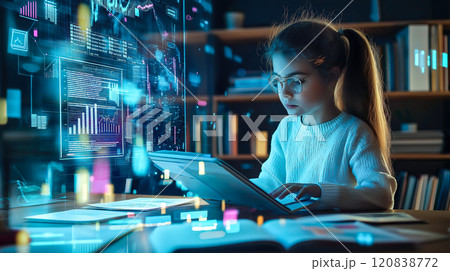 A kid girl learns online using futuristic technology. The concept of the integration of advanced digital tools in education, and learning experiences for the future generation. Generative AI. 120838772