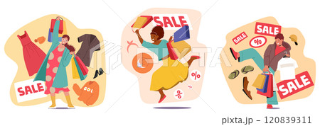 Crazy people shopaholic comic cartoon characters feeling pleasure shopping with sale at clothes shop Crazy people shopaholic comic cartoon characters feeling pleasure shopping with sale at clothes shop 120839311