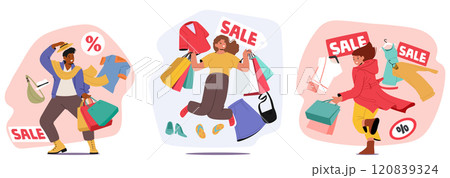 Young people crazy shopaholic cartoon characters rejoicing seasonal sale at clothing boutique store Young people crazy shopaholic cartoon characters rejoicing seasonal sale at clothing boutique store 120839324