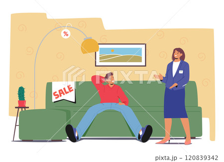Woman shop assistant counseling man customer due to choose comfortable sofa for living room Woman shop assistant counseling man customer due to choose comfortable sofa for living room 120839342