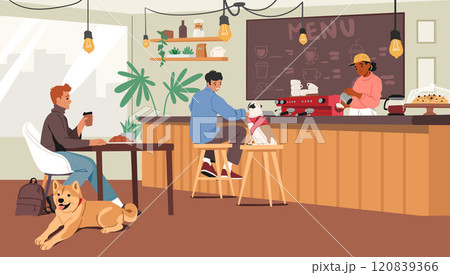 Male visitors with dogs friends resting in pet-friendly cafe with comfortable ecology space 120839366