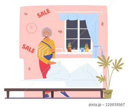 Retired senior woman customer cartoon character selecting new bed for home bedroom at store 120839367