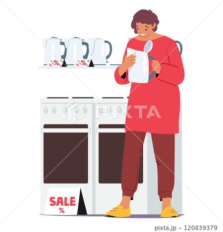 Woman customer cartoon character selecting electric kettle observing sale offer at shop display Woman customer cartoon character selecting electric kettle observing sale offer at shop display 120839379