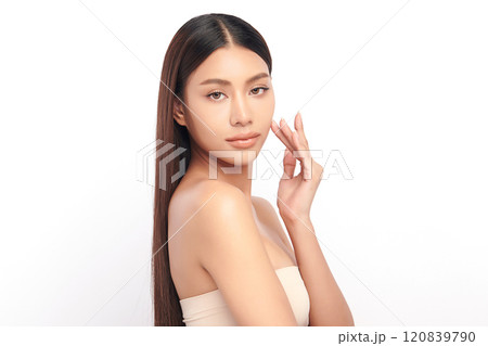 Beautiful young asian woman with clean fresh skin on white background, Face care, Facial treatment, Cosmetology, beauty and spa, Asian women portrait. Beautiful young asian woman with clean fresh skin on white background, Face care, Facial treatment, Cosmetology, beauty and spa, Asian women portrait. 120839790